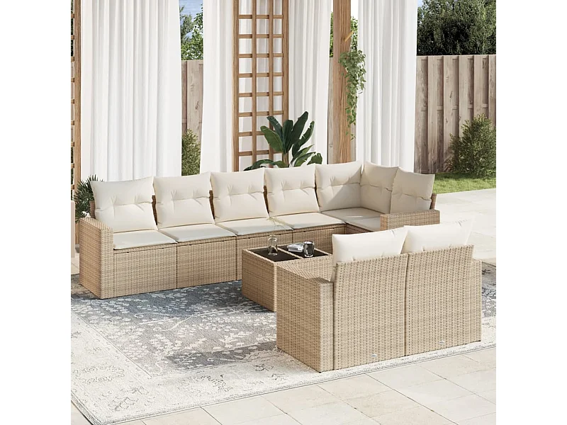 Salon de jardin avec coussins 9 pcs beige résine tressée