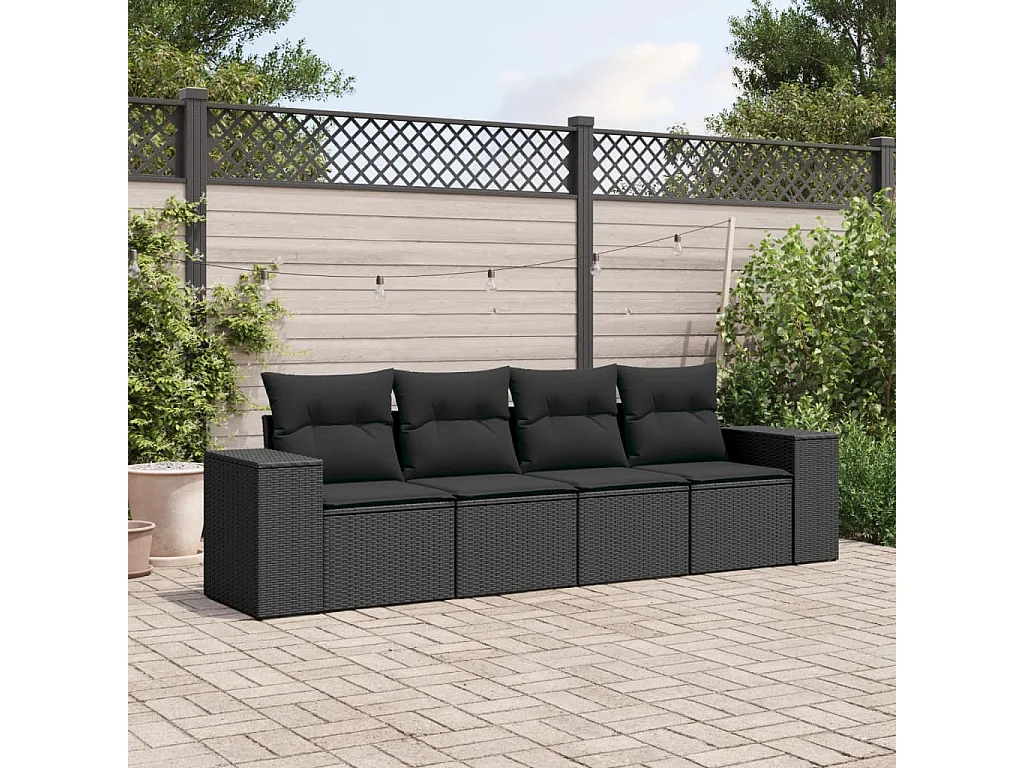 Mobili da giardino 4 pezzi con cuscini in resina intrecciata nera