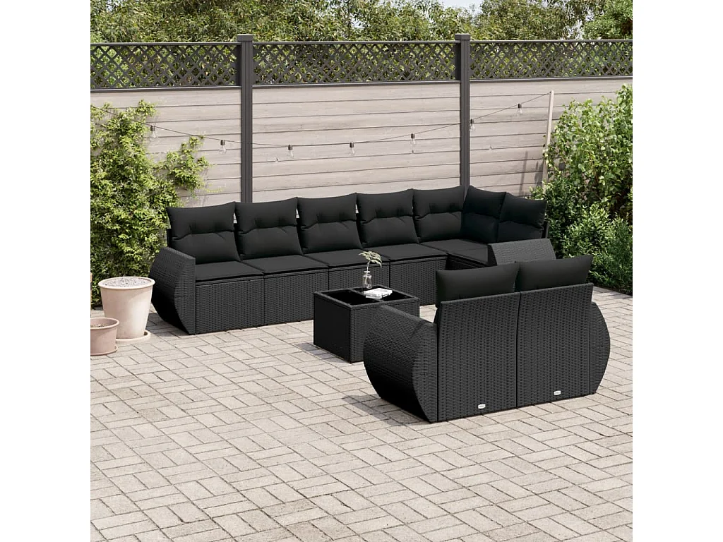 Salon de jardin 9 pcs avec coussins noir résine tressée