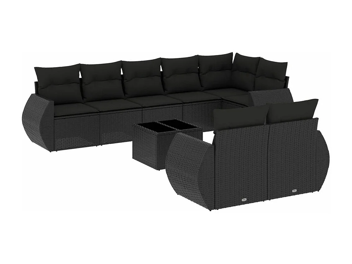 Salon de jardin 9 pcs avec coussins noir résine tressée