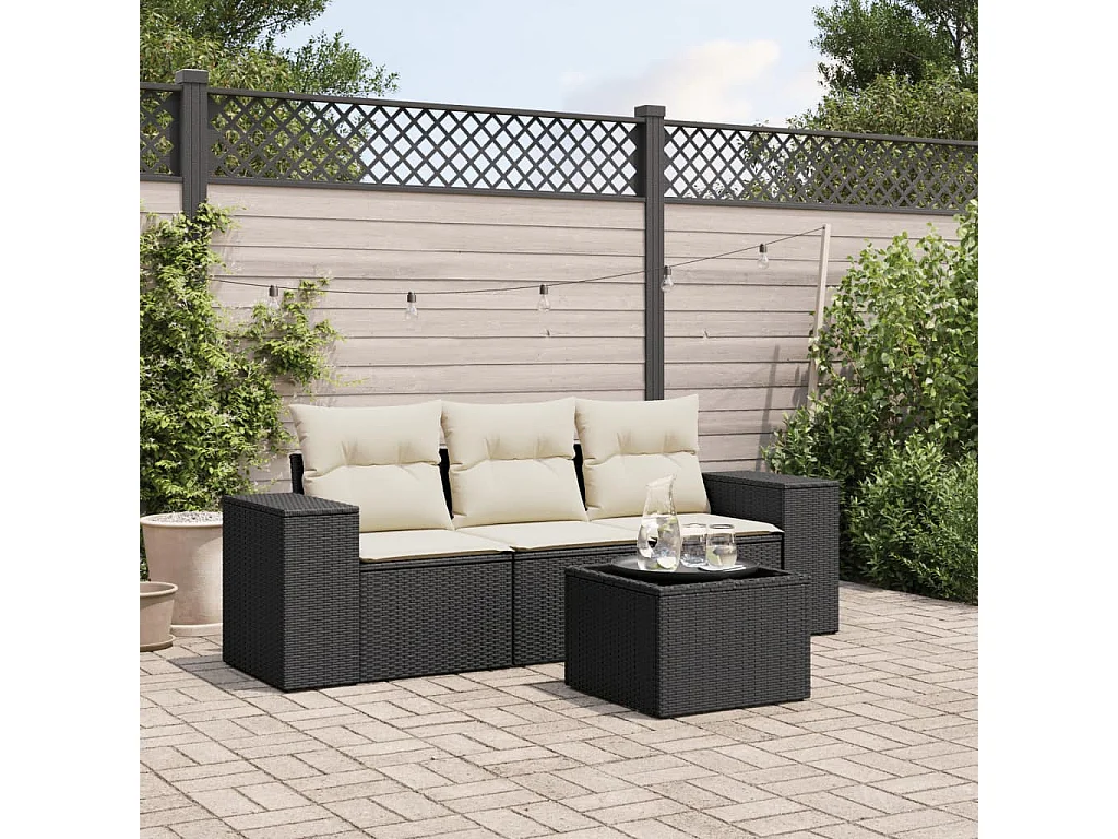 Salon de jardin 4 pcs avec coussins noir résine tressée