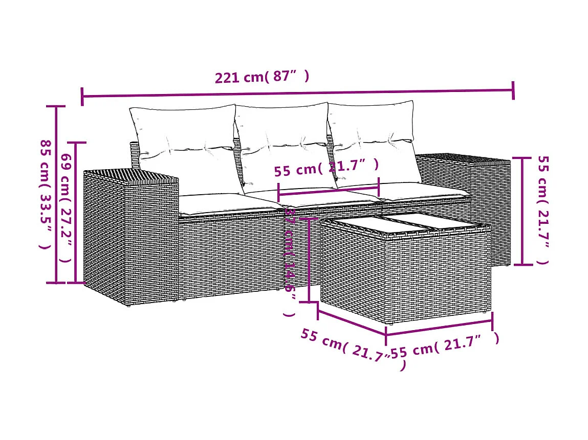 Salon de jardin 4 pcs avec coussins noir résine tressée
