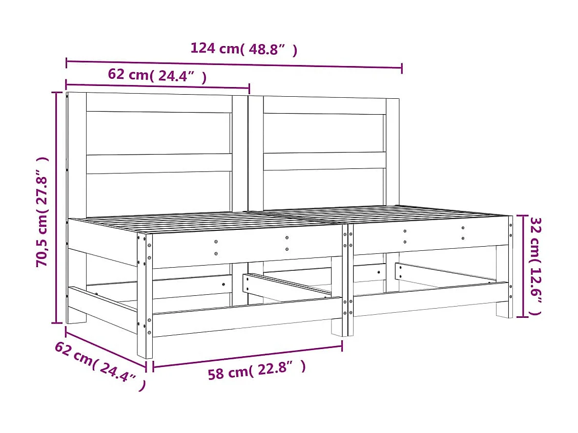 Canapés centraux de jardin 2 pcs gris bois de pin massif