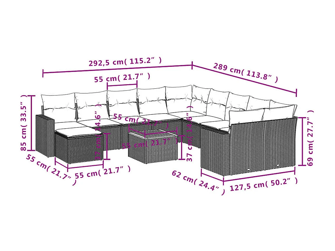 Muebles de jardín de 12 piezas con cojines de resina tejida en negro.