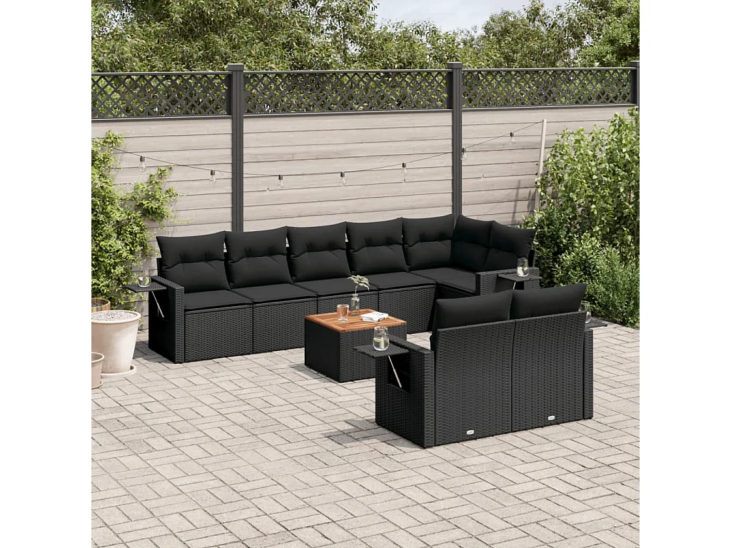 Salon de jardin 9 pcs avec coussins noir résine tressée