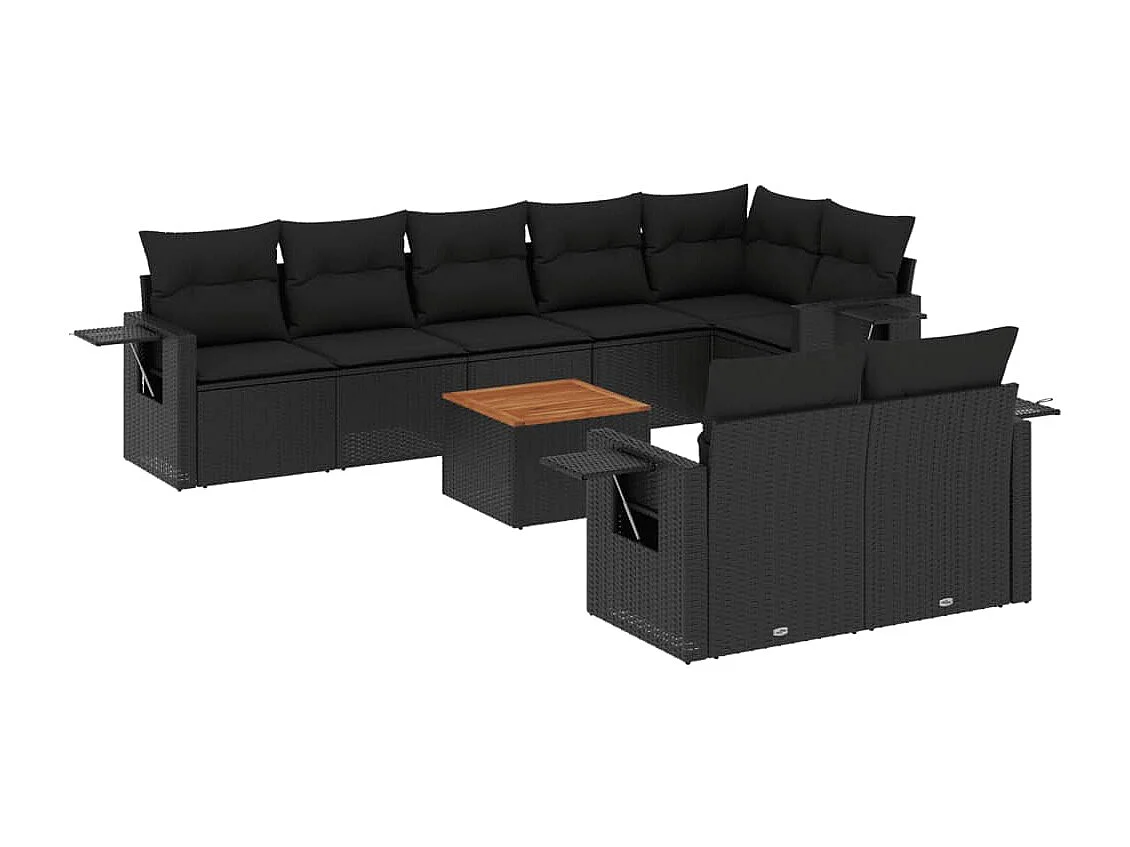 Salon de jardin 9 pcs avec coussins noir résine tressée
