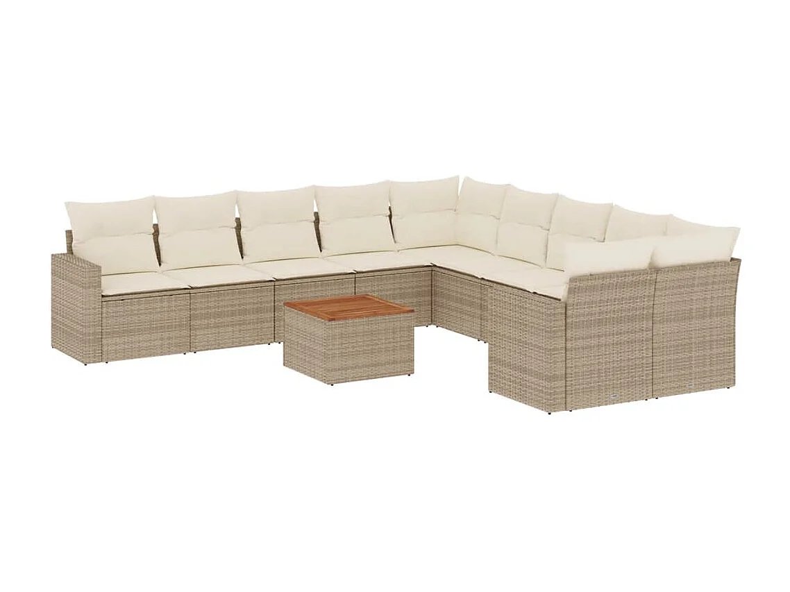 11 muebles de jardín con cojines de resina tejida en color beige.