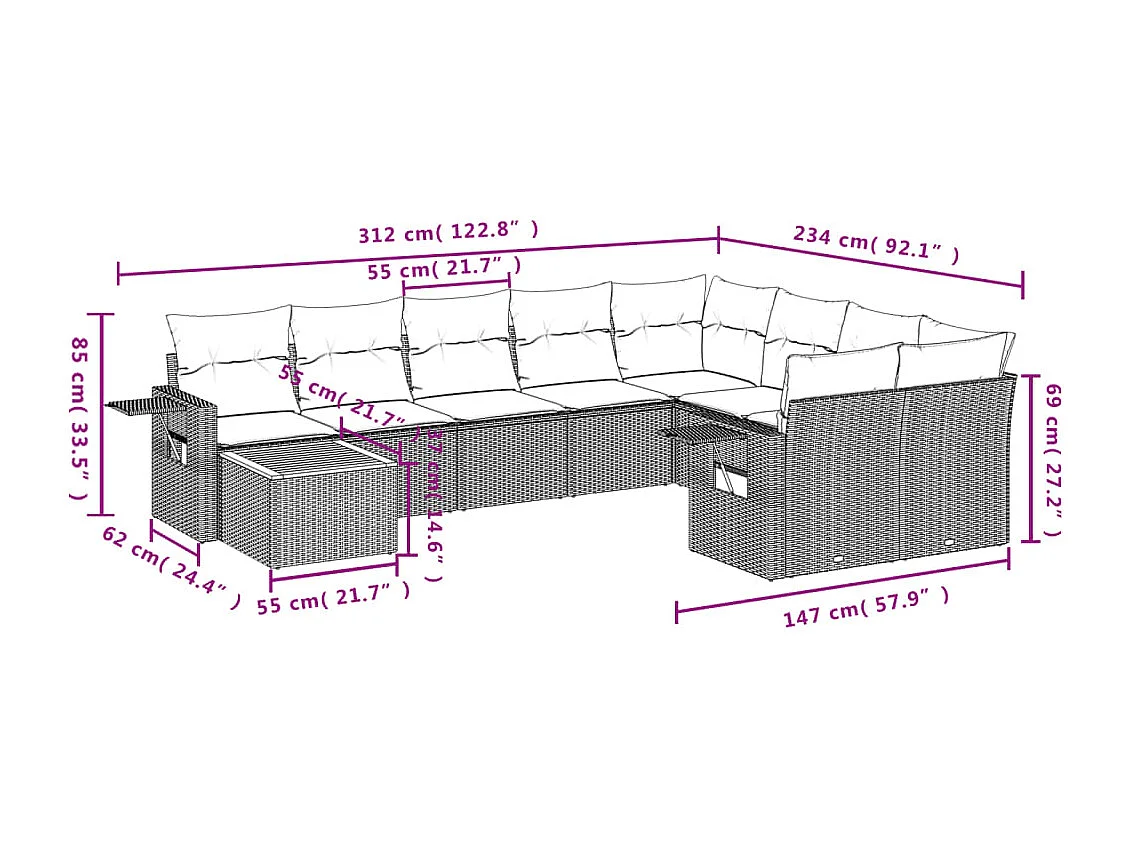 Gartenmöbel mit Kissen, 10 Stück, graues Kunstharzgeflecht