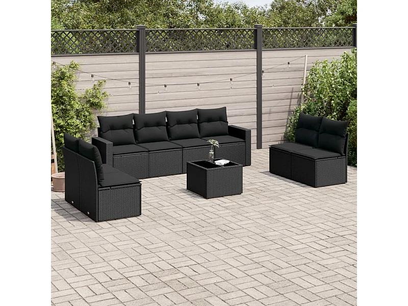 Salon de jardin 9 pcs avec coussins noir résine tressée