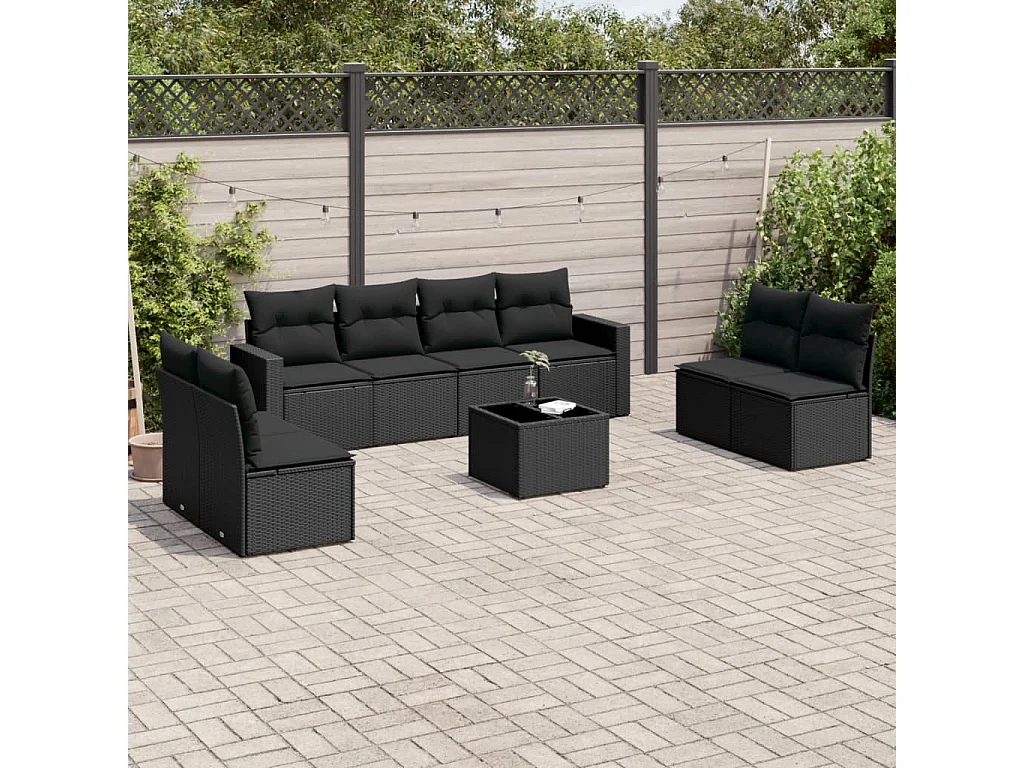 Salon de jardin 9 pcs avec coussins noir résine tressée