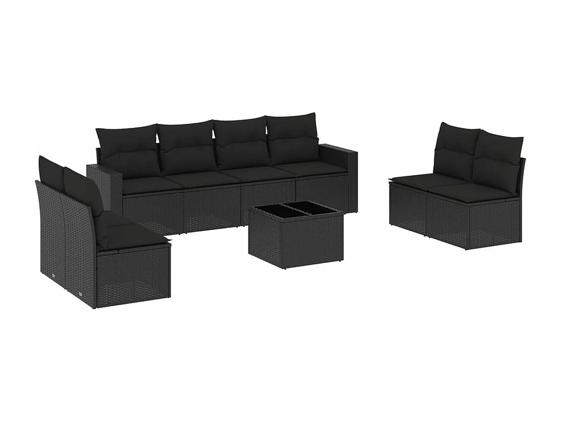 Salon de jardin 9 pcs avec coussins noir résine tressée
