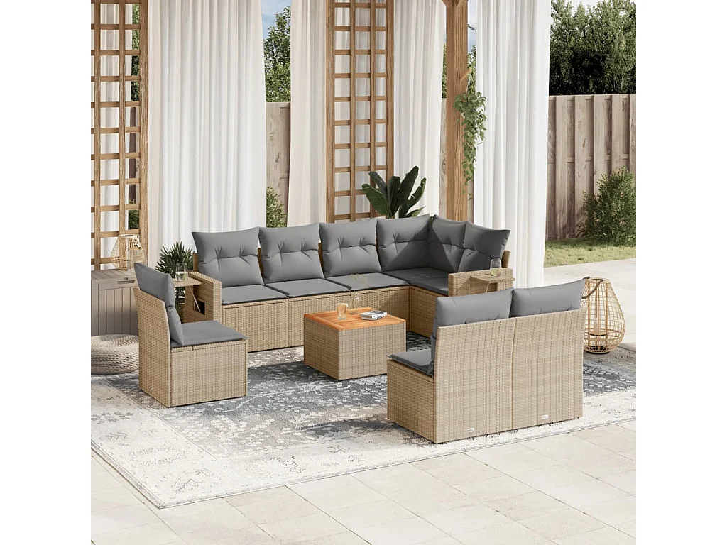 Salon de jardin avec coussins 9 pcs beige résine tressée