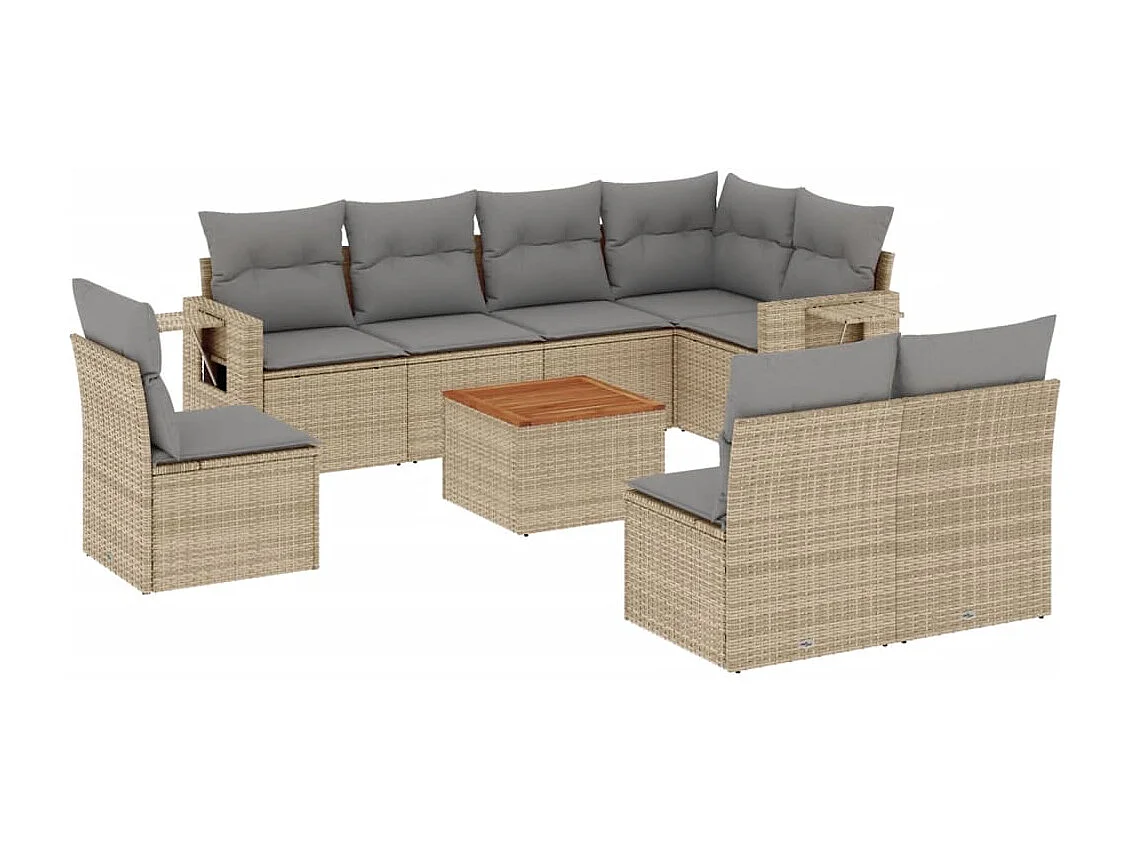 Salon de jardin avec coussins 9 pcs beige résine tressée