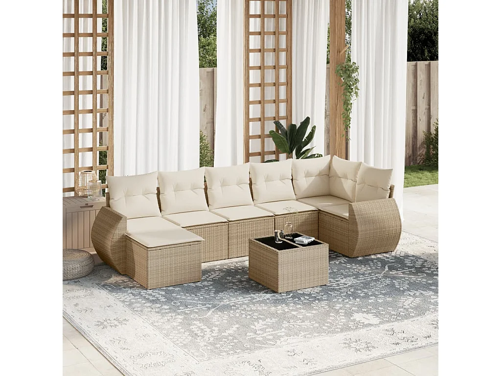 Salon de jardin avec coussins 8 pcs beige résine tressée