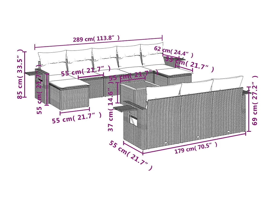 11 muebles de jardín con cojines de resina tejida en negro.