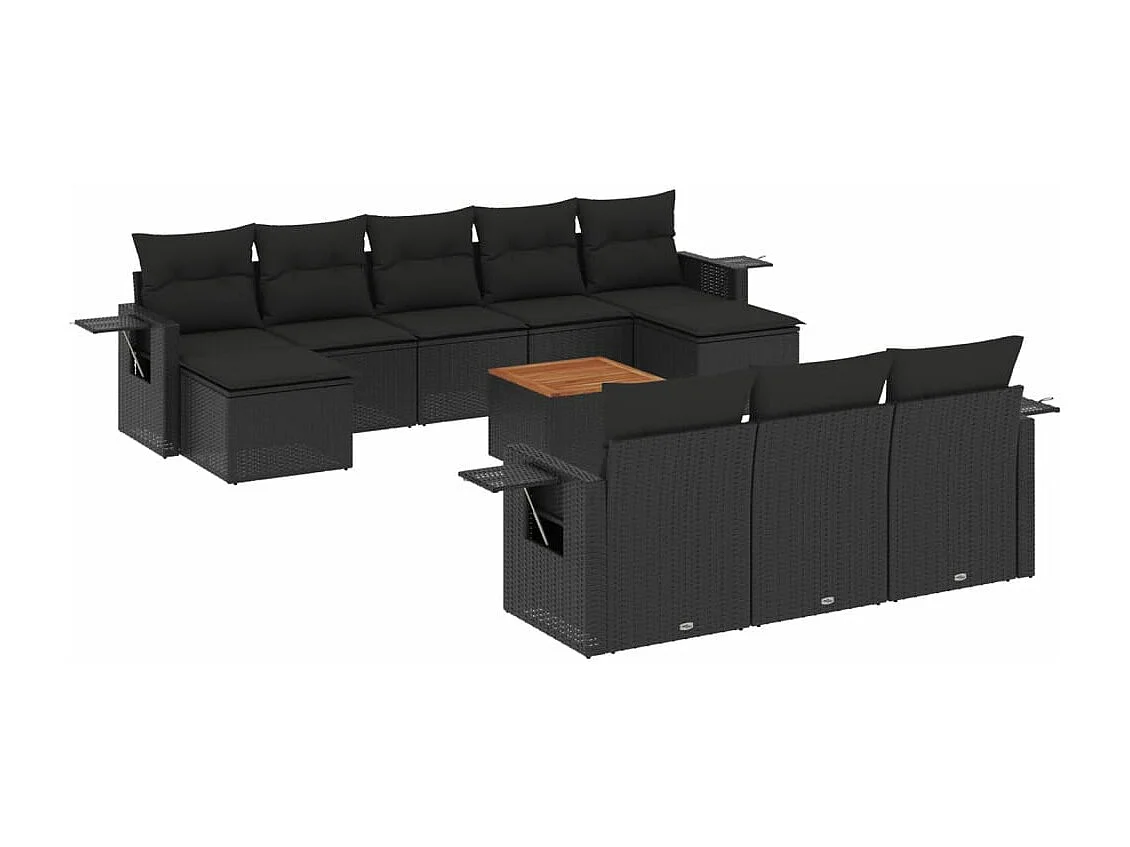 Salon de jardin 11 pcs avec coussins noir résine tressée