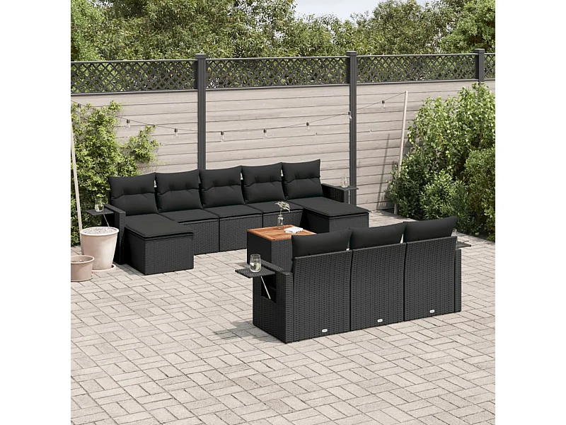 Salon de jardin 11 pcs avec coussins noir résine tressée