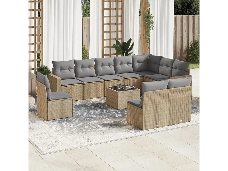 Mobili da giardino 11 pezzi con cuscini in resina intrecciata beige