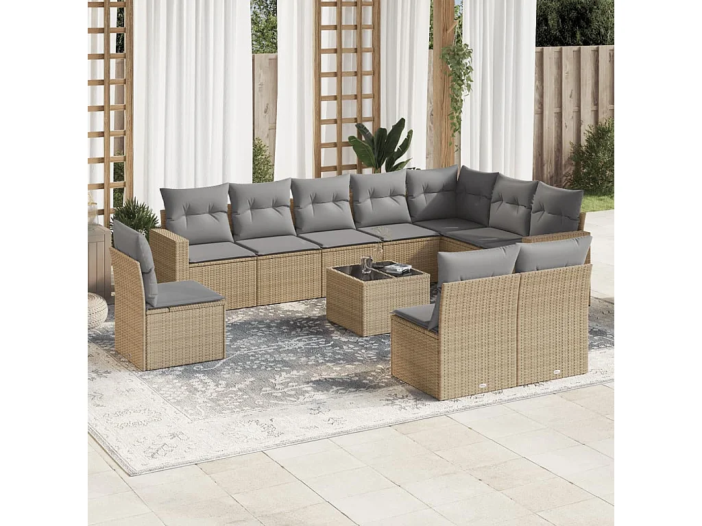 Mobili da giardino 11 pezzi con cuscini in resina intrecciata beige