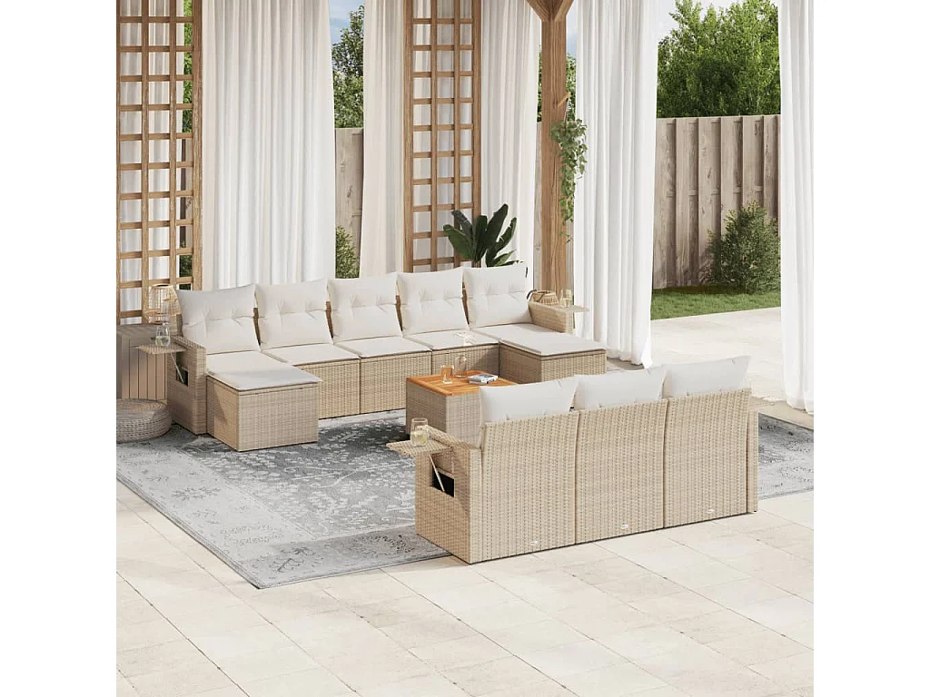 Mobili da giardino 11 pezzi con cuscini in resina intrecciata beige