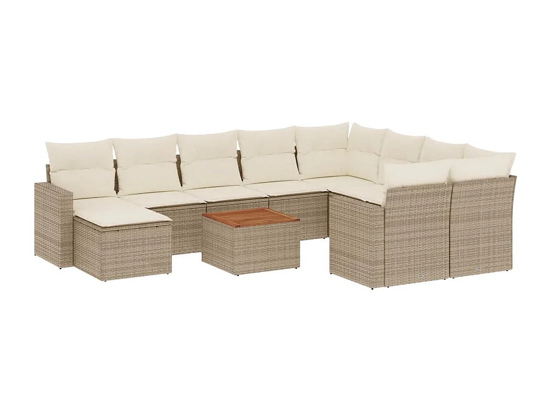 11 muebles de jardín con cojines de resina tejida en color beige.