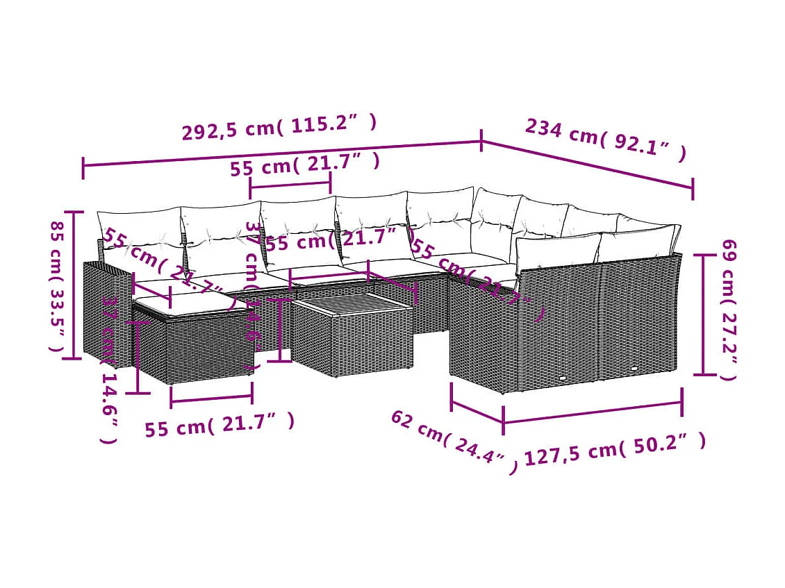 11 muebles de jardín con cojines de resina tejida en color beige.