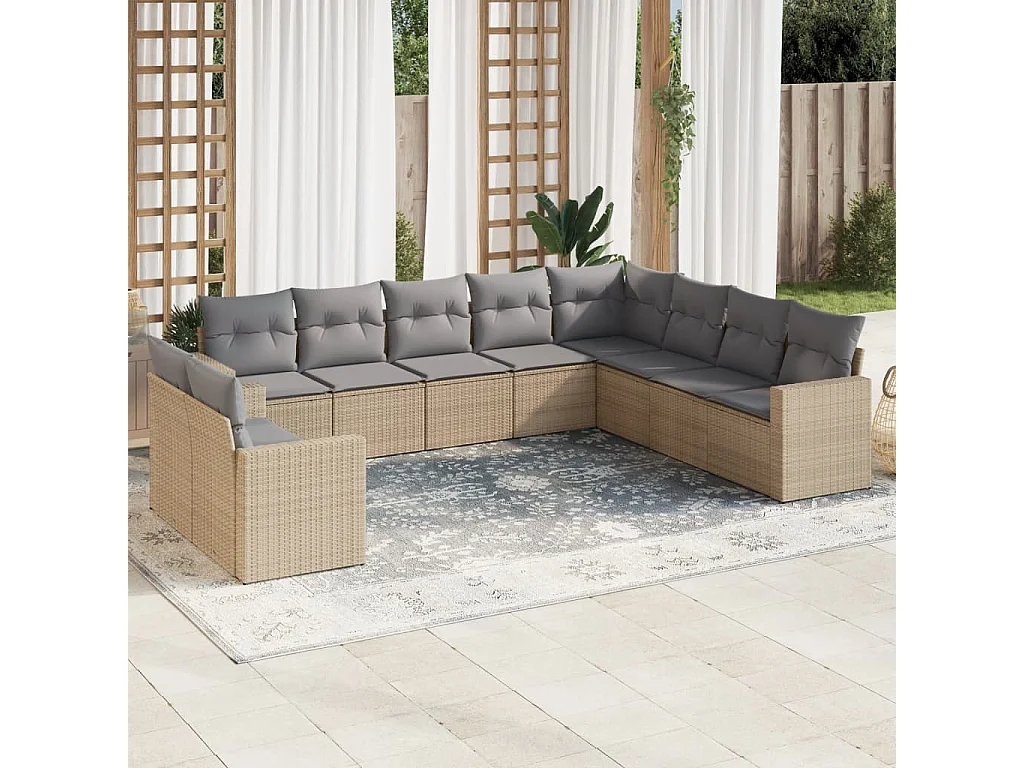 Mobile da giardino con cuscini 10 pz in resina intrecciata beige