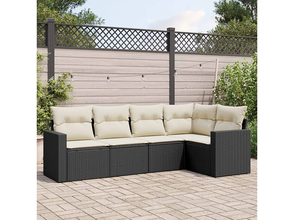 Muebles de jardín de 5 piezas con cojines de resina tejida en negro.