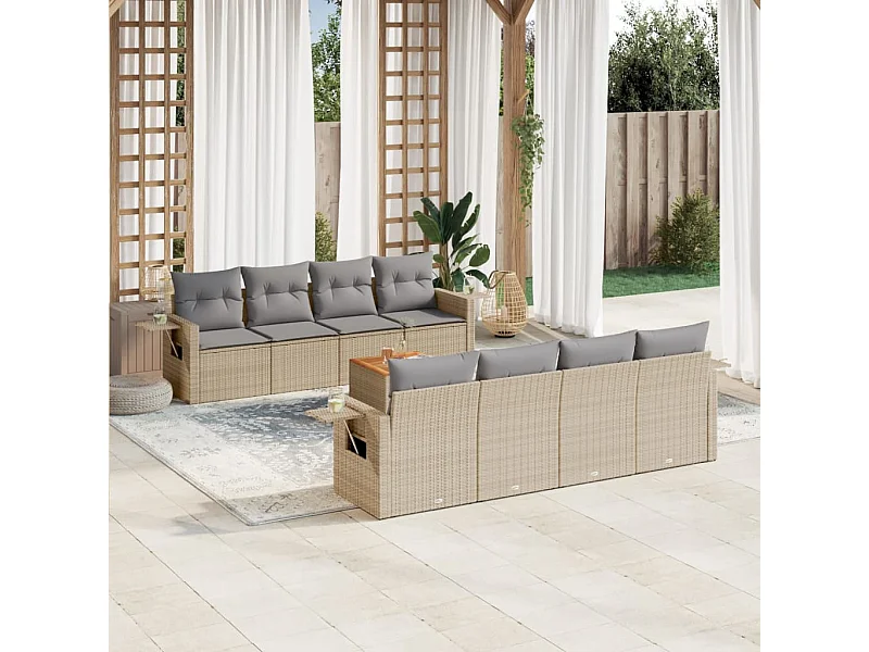Salon de jardin avec coussins 9 pcs beige résine tressée