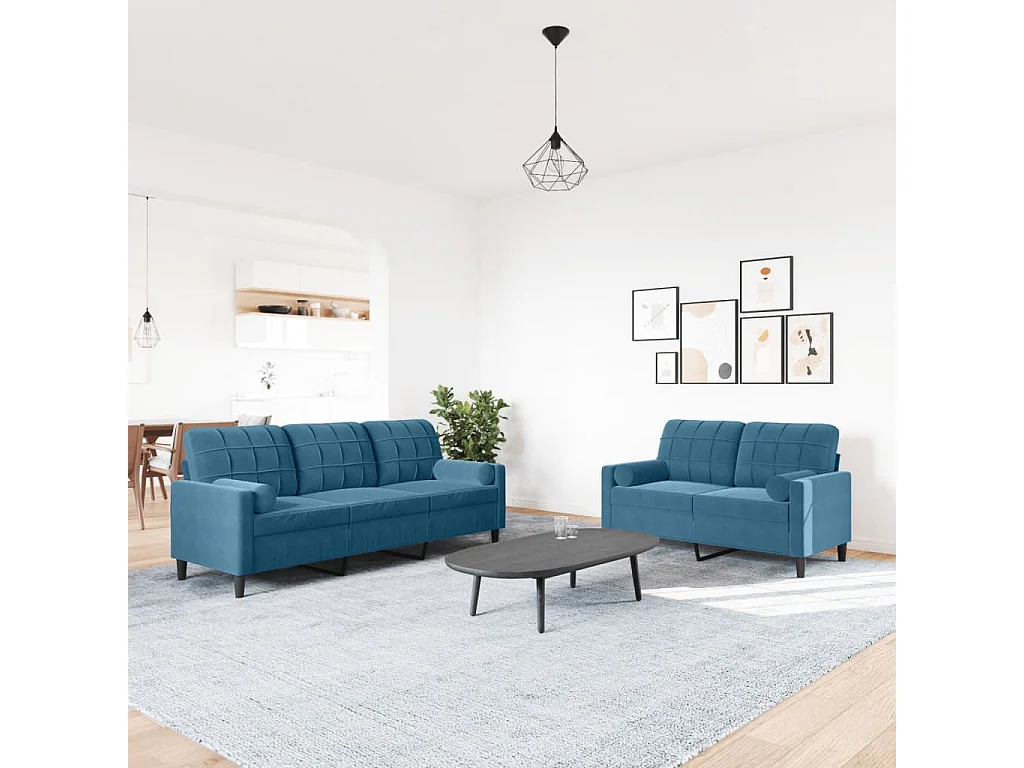 Set di Divani 2 pz con Cuscini e Rinforzi Blu in Velluto