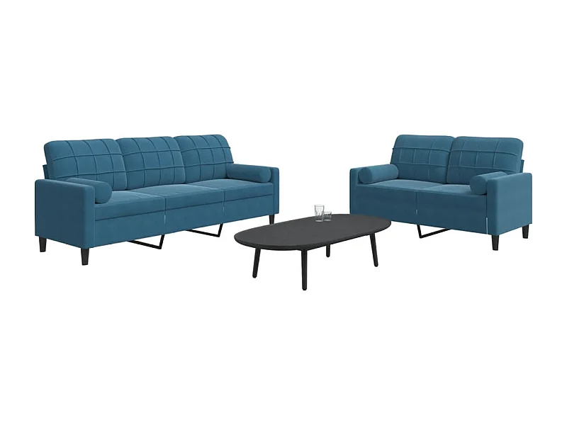 Ensemble de canapés 2pcs et coussins et traversins bleu velours