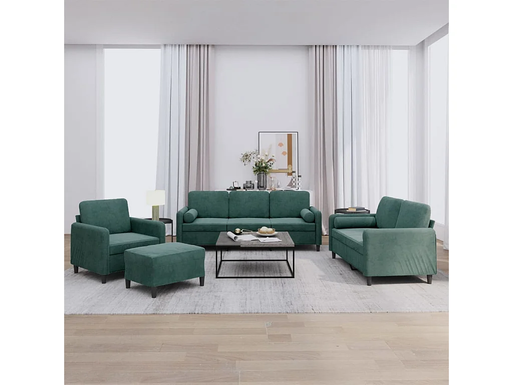 Set di Divani 4 pz con Cuscini Verde Scuro in Velluto