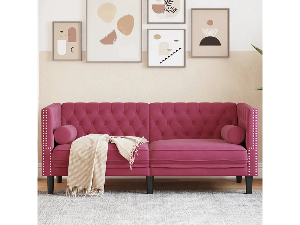 Sofá chesterfield com rolos 2 lugares veludo vermelho tinto