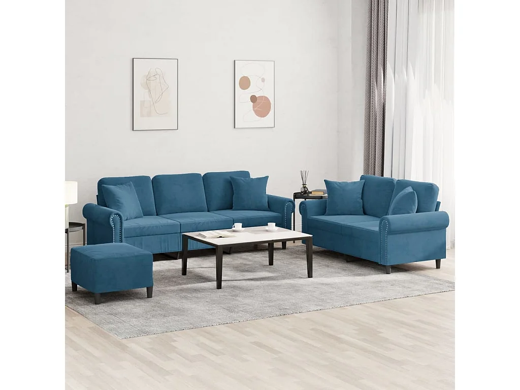 Set di Divani 3 pz con Cuscini Blu in Velluto