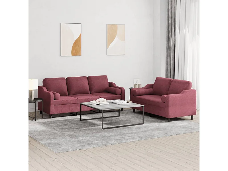 Set di Divani 2 pz con Cuscini Rosso Vino in Tessuto