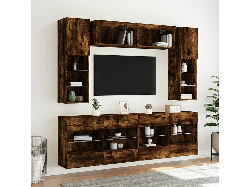 Set Mobili TV a Muro 6 pz con Luci LED Rovere Fumo