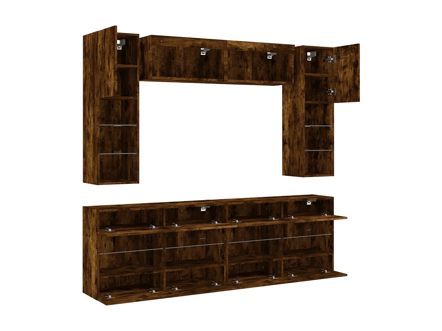 Set Mobili TV a Muro 6 pz con Luci LED Rovere Fumo