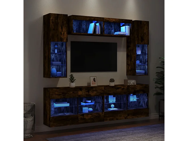 Set Mobili TV a Muro 6 pz con Luci LED Rovere Fumo