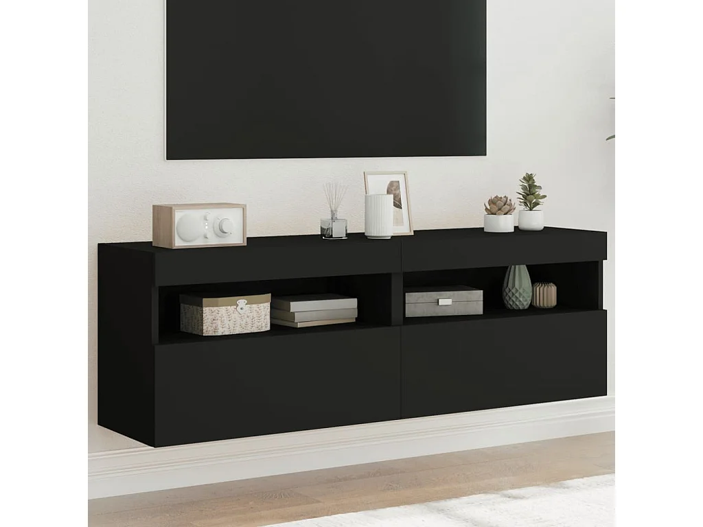 Móveis de parede p/ TV com luzes LED 2 pcs 60x30x40 cm preto