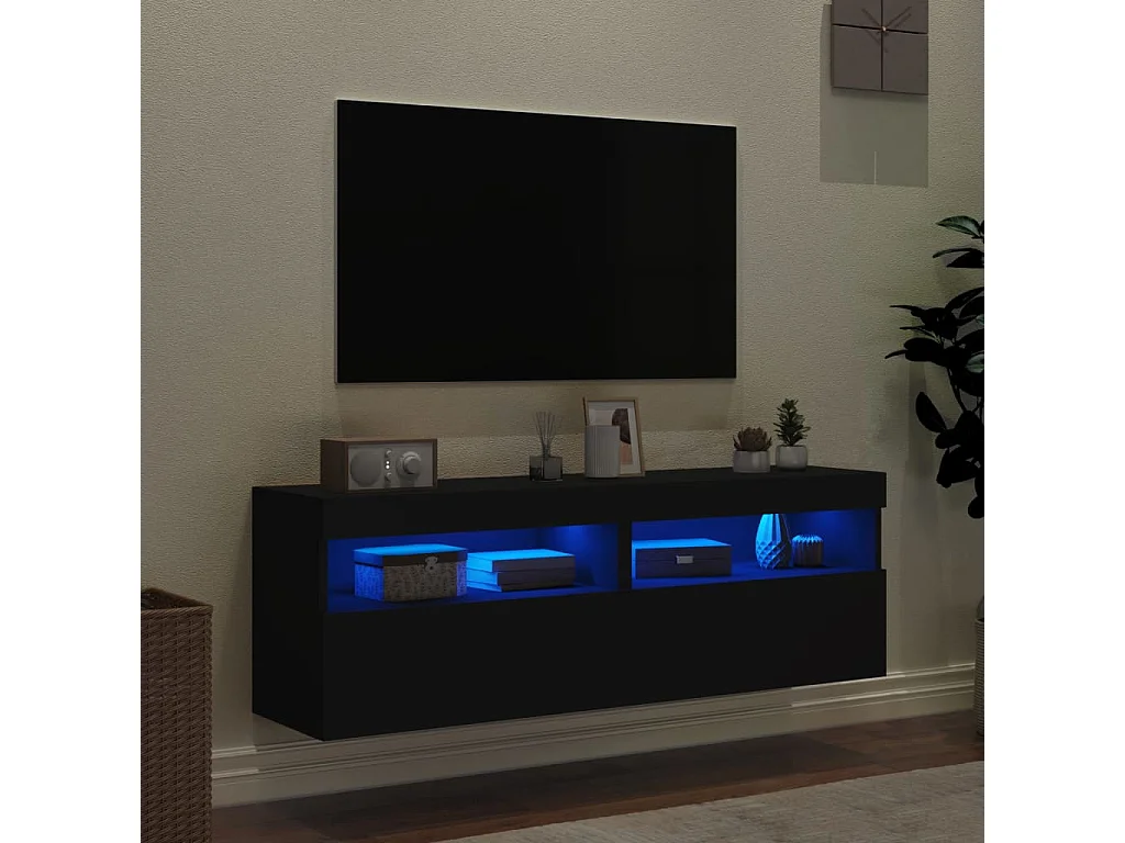 Móveis de parede p/ TV com luzes LED 2 pcs 60x30x40 cm preto