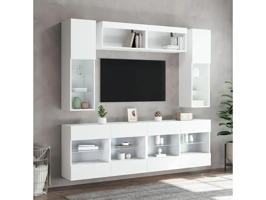 Set Mobili TV a Muro 6 pz con Luci LED Bianco