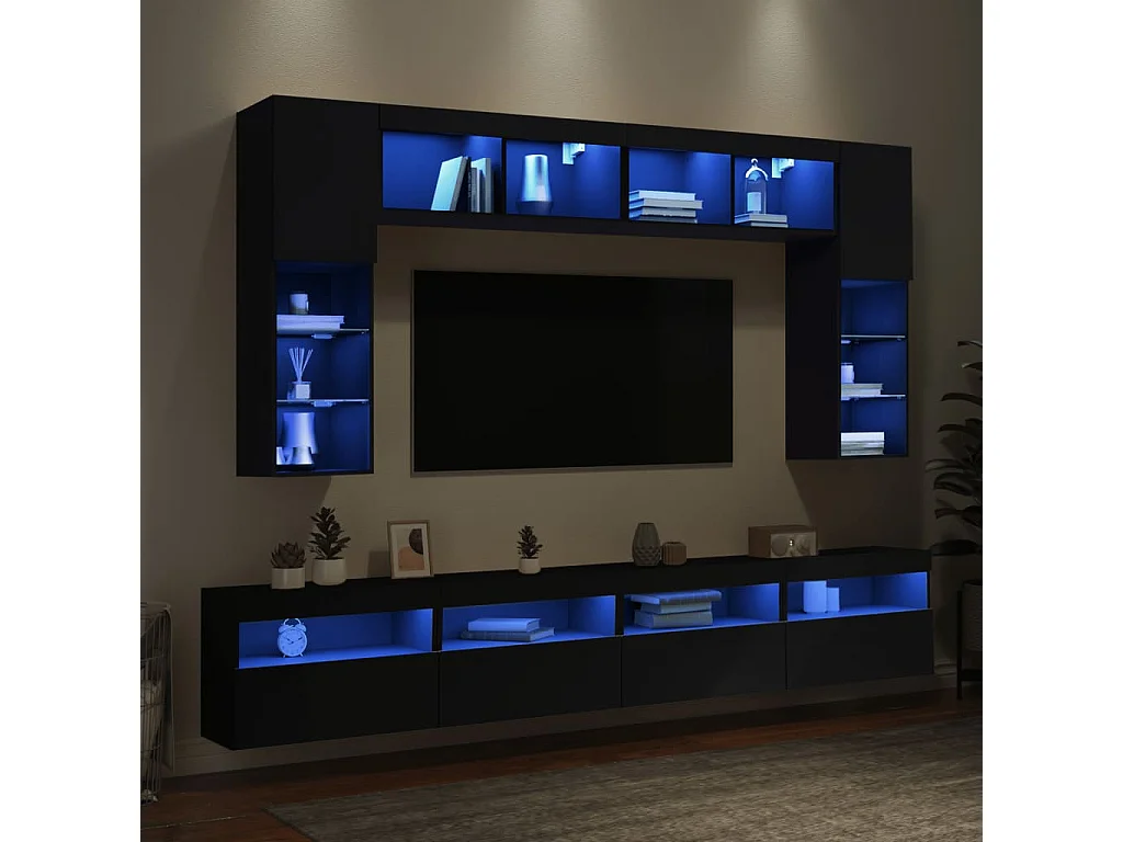 Set Mobili TV a Muro 8 pz con Luci LED Nero
