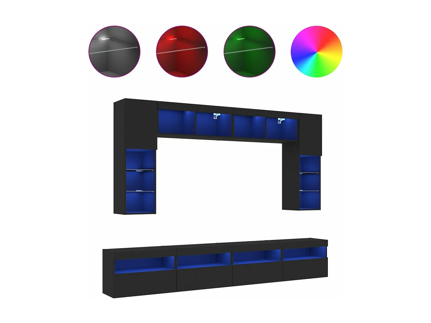Set Mobili TV a Muro 8 pz con Luci LED Nero