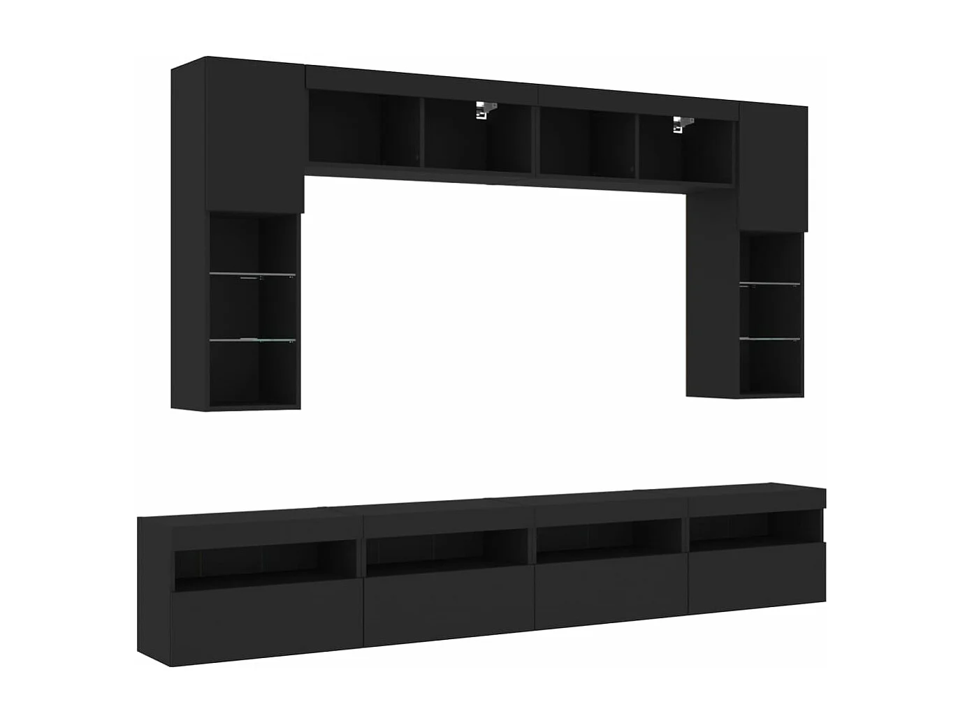 Set Mobili TV a Muro 8 pz con Luci LED Nero