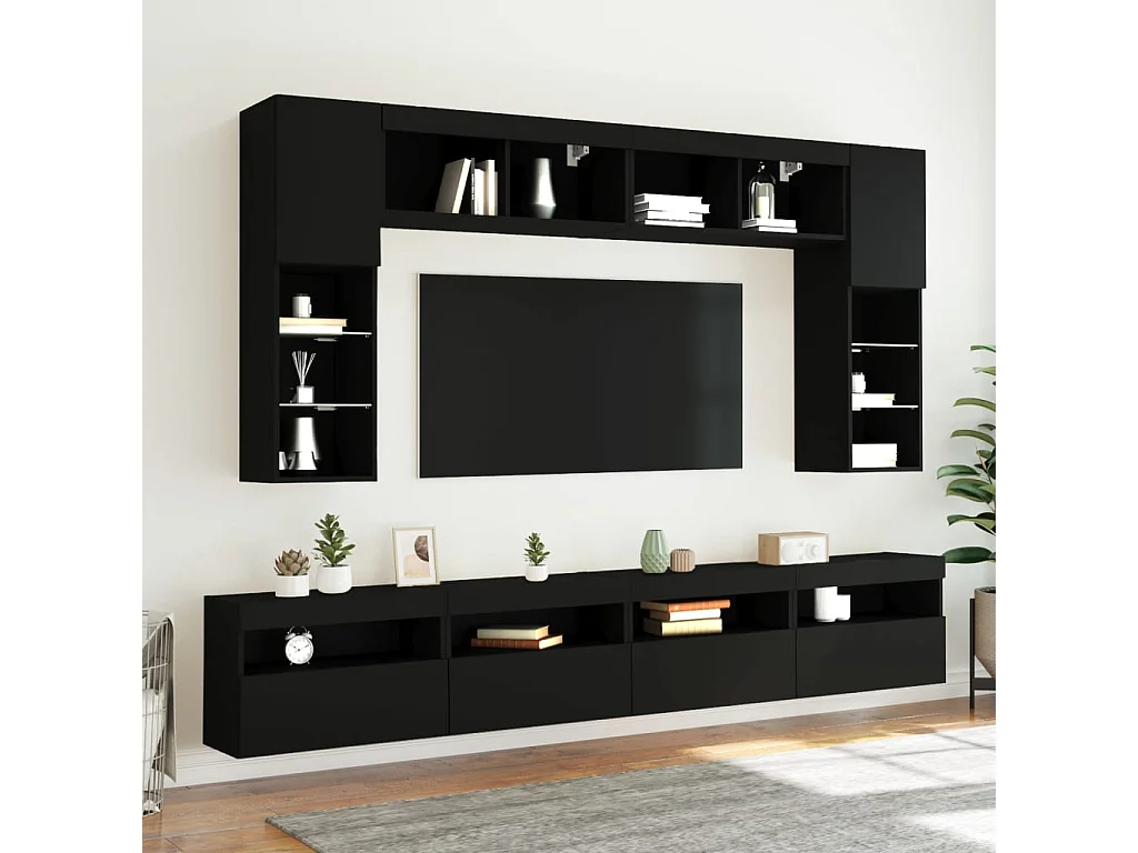 Set Mobili TV a Muro 8 pz con Luci LED Nero
