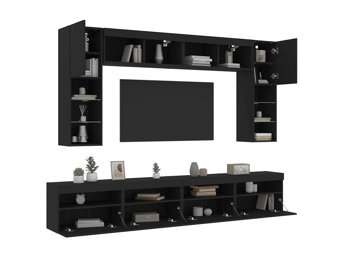 Set Mobili TV a Muro 8 pz con Luci LED Nero