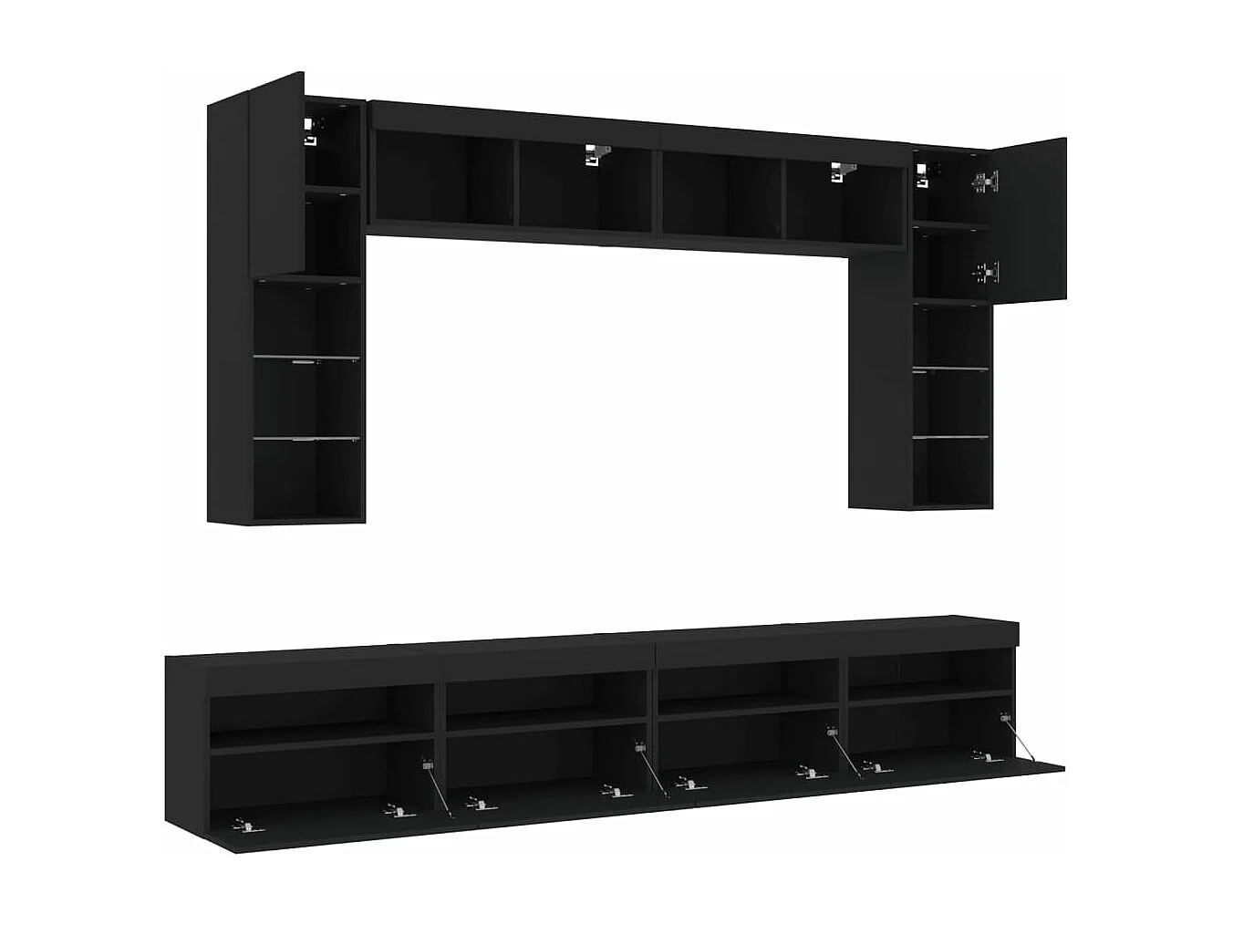 Set Mobili TV a Muro 8 pz con Luci LED Nero