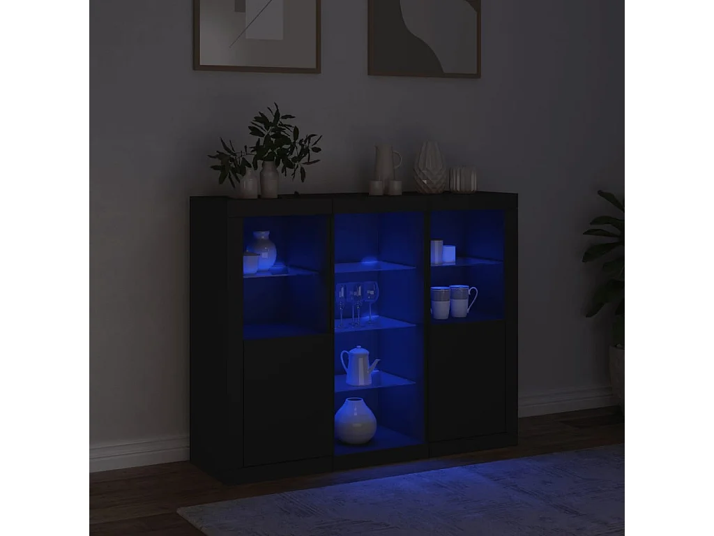 Credenze con Luci LED 3 pz Nere in Legno Multistrato