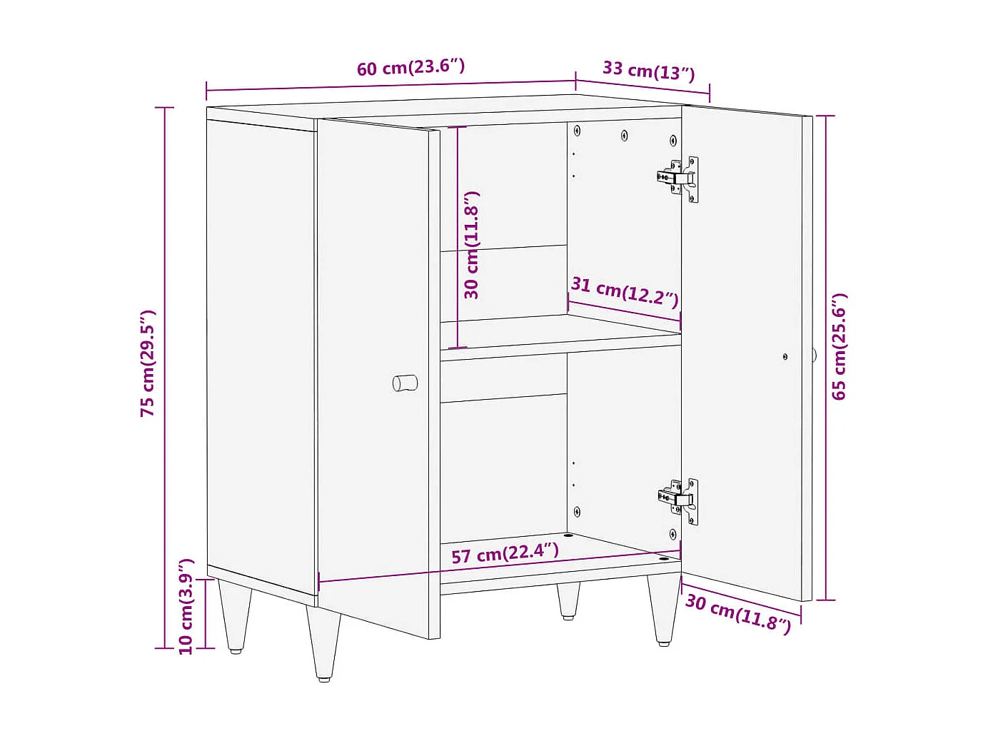 Armario auxiliar madera maciza de mango 60x33x75 cm