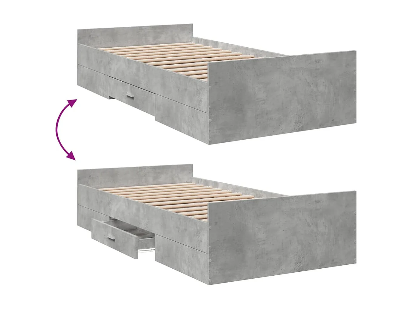 Cadre de lit avec tiroirs sans matelas gris béton 75x190 cm